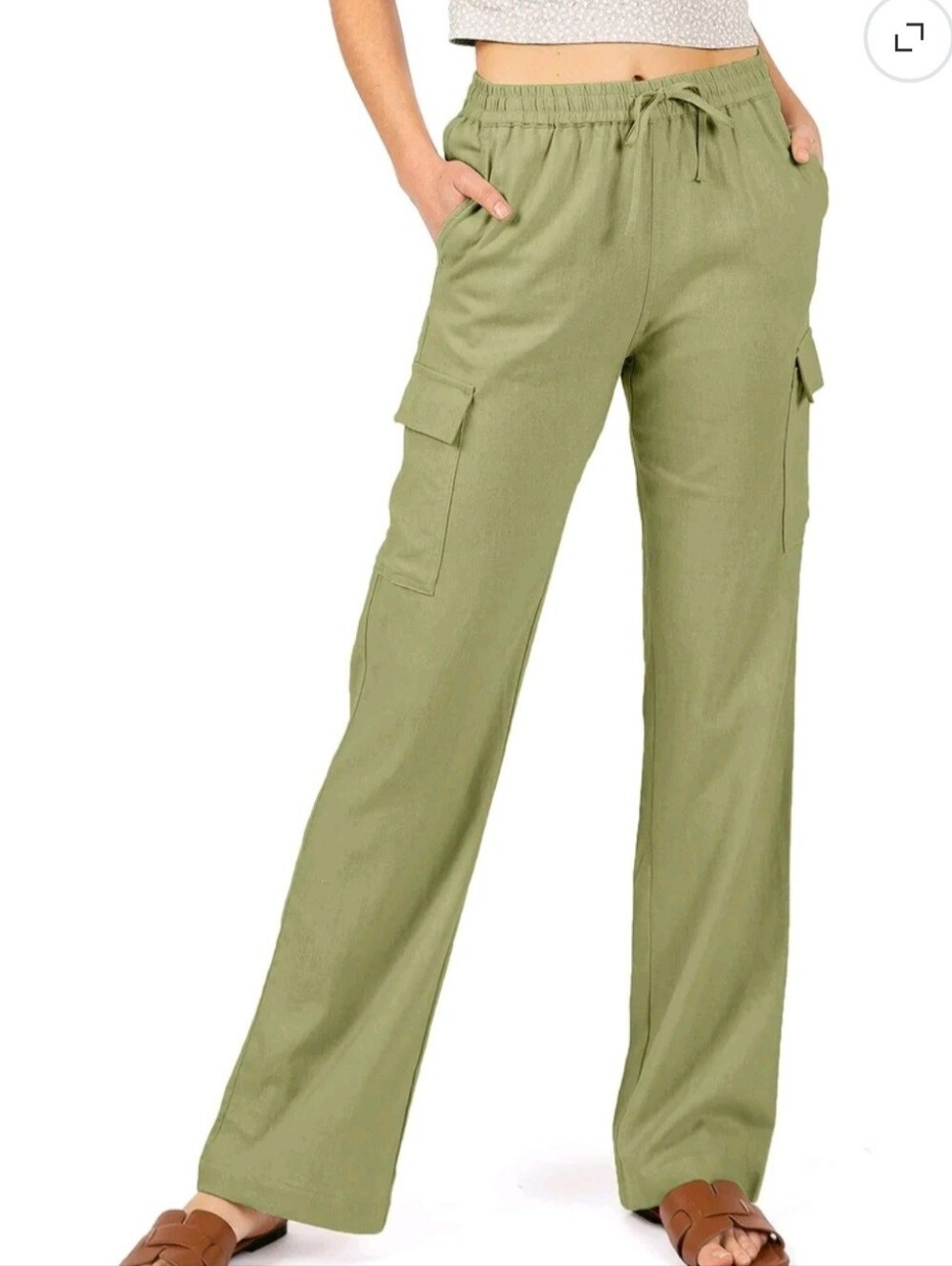 Love Tree Boho Lagenlook Olive Green Drawstring Linen Blend Cargo Pants S